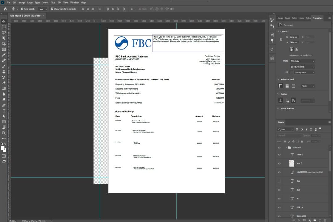 Modèle Word et PDF de relevé de compte bancaire FBC du Zimbabwe template Modèle Word et PDF de relevé de compte bancaire FBC du Zimbabwe template